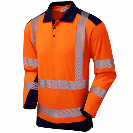 Leo Workwear - P15 Wringcliff Class 2 Coolviz Plus Sleeved Polo Shirt - Orange Navy - 2020ppe